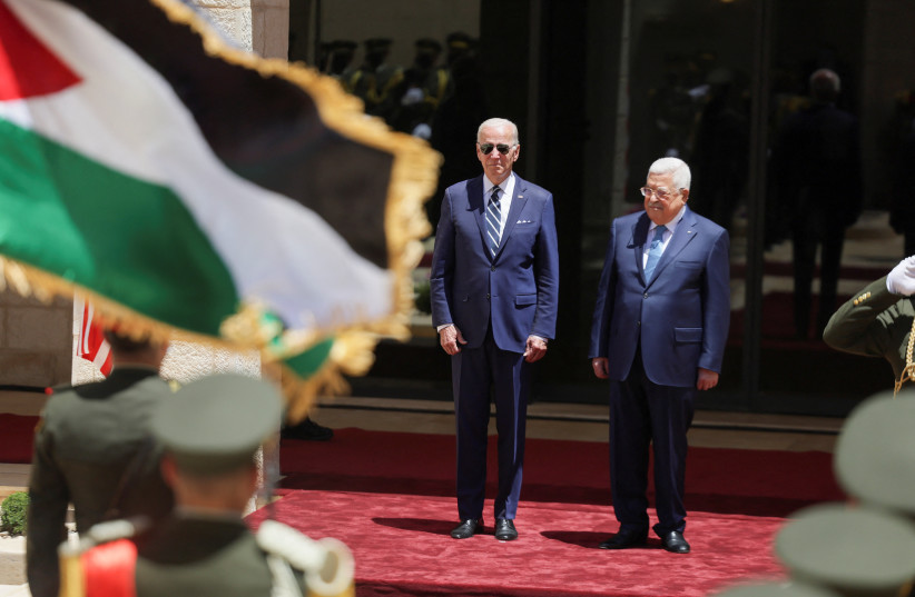  US President Joe Biden meets with Palestinian President Mahmoud Abbas at the Presidential Compound, in Bethlehem, in the West Bank July 15, 2022. (photo credit: REUTERS/EVELYN HOCKSTEIN)