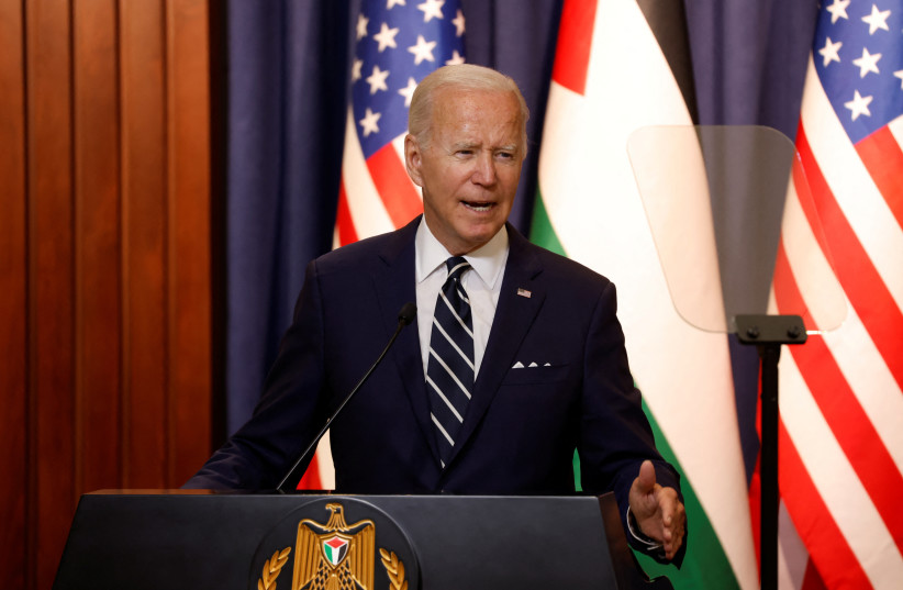  US President Joe Biden gives a statement, in Bethlehem in the Israeli-occupied West Bank July 15, 2022.  (photo credit: REUTERS/MOHAMAD TOROKMAN)