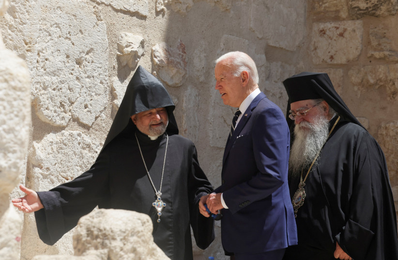  US President Joe Biden visits the Church of Nativity, in Bethlehem, in the West Bank July 15, 2022. (photo credit: REUTERS/EVELYN HOCKSTEIN)