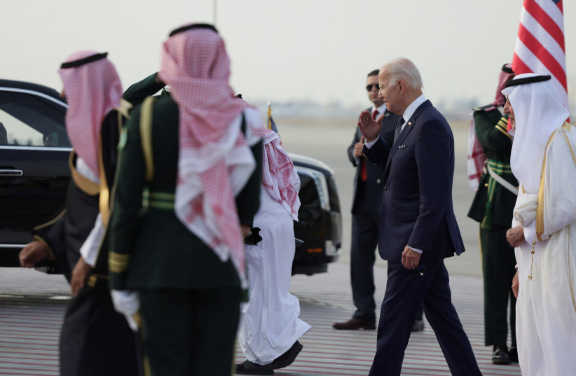  U.S. President Joe Biden arrives at King Abdulaziz International Airport, in Jeddah, Saudi Arabia. (credit: EVELYN HOCKSTEIN/REUTERS)