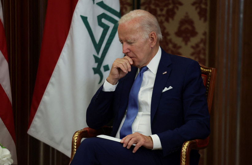  US President Joe Biden pauses as he meets with Iraqi Prime Minister Mustafa al-Kadhimi (not seen), in Jeddah, Saudi Arabia, July 16, 2022. (credit: REUTERS/EVELYN HOCKSTEIN)