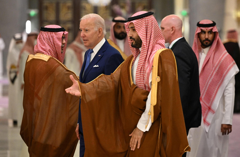  US President Joe Biden and Saudi Crown Prince Mohammed bin Salman arrive for the family photo during the "GCC+3" (Gulf Cooperation Council) meeting at a hotel in Jeddah, Saudi Arabia July 16, 2022.  (photo credit: MANDEL NGAN/REUTERS)