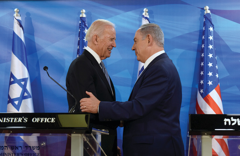  US VICE-PRESIDENT Joe Biden with then-prime minister Benjamin Netanyahu in Jerusalem, in 2016.  (photo credit: DEBBIE HILL/POOL/REUTERS)