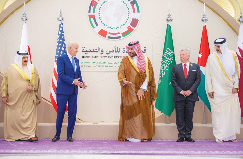  US PRESIDENT Joe Biden stand with Arab leaders at the Jeddah Security and Development Summit on Saturday. (photo credit: Saudi Royal Court/Reuters)