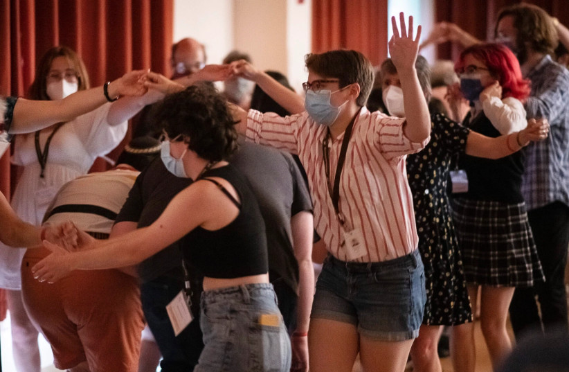 A dance workshop at Yidstock, held at the Yiddish Book Center in Amherst, Massachusetts, July 7-10, 2022. (photo credit: BEN BARNHART/VIA JTA)