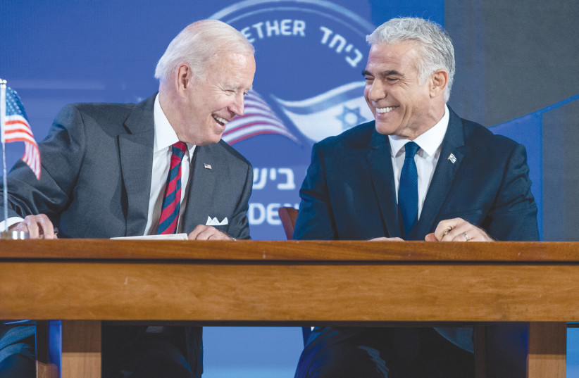  PRIME MINISTER Yair Lapid and US President Joe Biden share a light moment during the president’s visit to Israel last week. As Israelis, we should embrace Biden’s visit for its importance in continuing the US-Israel alliance, says the writer. (credit: EMIL SALMAN)