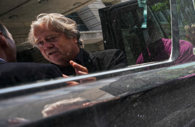  Steve Bannon, talk show host and former White House advisor to former President Donald Trump, speaks to reporters after leaving US District Court in Washington, US, June 15, 2022.  (photo credit: REUTERS/ELIZABETH FRANTZ)