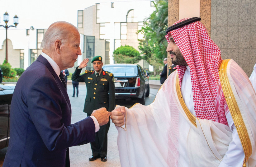  SAUDI CROWN Prince Mohammed bin Salman fist bumps US President Joe Biden upon the president’s arrival in Jeddah, on Friday. A fist-bump may not seem like much, but it amounted to a truckload of humble pie for Biden, says the writer (credit: REUTERS)