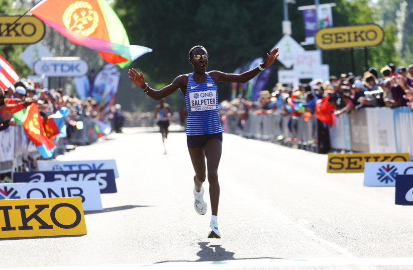  ISRAELI RUNNER Lonah Chemtai Salpeter crosses the line to finish in third place in the women's marathon yesterday at the 2022 World Athletics Championships in Eugene, Oregon. (photo credit: Mike Segar/Reuters)