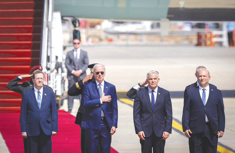  US PRESIDENT Joe Biden is flanked by President Isaac Herzog, Prime Minister Yair Lapid and Alternate Prime Minister Naftali Bennett at the welcoming ceremony upon his arrival at Ben-Gurion Airport last week. Biden declared: ‘You need not be a Jew to be a Zionist.’  (photo credit: NOAM REVKIN FENTON/FLASH90)