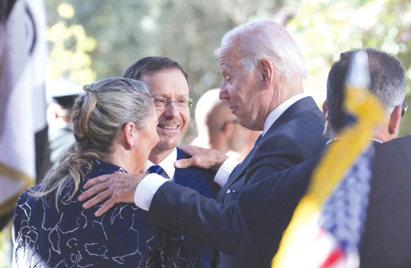  US PRESIDENT Joe Biden with President Isaac Herzog and his wife, Michal, at his official residence in Jerusalem, last week.  (photo credit: EVELYN HOCKSTEIN/REUTERS)