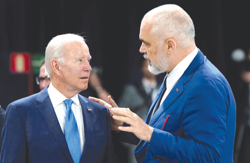  ALBANIA’S PRIME Minister Edi Rama and US President Joe Biden speak at the NATO summit in Madrid, last month. (photo credit: Susan Walsh/Reuters)