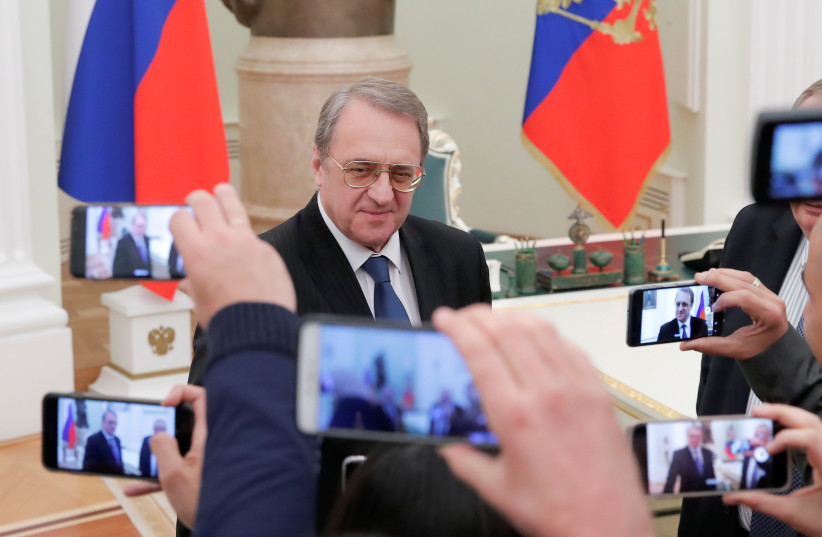  Russian Deputy Foreign Minister Mikhail Bogdanov speaks with journalists before a meeting of Russian President Vladimir Putin with then Israeli Prime Minister Benjamin Netanyahu at the Kremlin in Moscow, Russia February 27, 2019 (credit: REUTERS/MAXIM SHEMETOV)