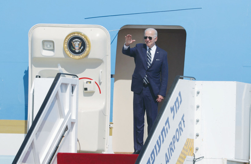  US PRESIDENT Joe Biden waves before his departure to Saudi Arabia from Ben-Gurion International Airport on July 15. (credit: Abir Sultan/Reuters)