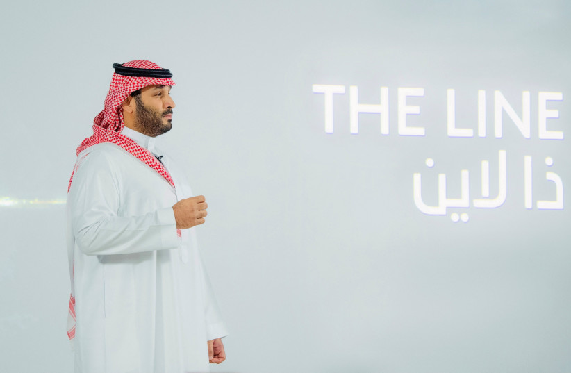 Saudi Crown Prince Mohammed Bin Salman announces a zero-carbon city called "The Line" to be built at NEOM in northwestern Saudi Arabia, January 10, 2021. (photo credit: BANDAR ALGALOUD/COURTESY OF SAUDI ROYAL COURT/HANDOUT VIA REUTERS)
