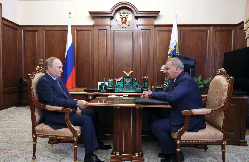 Russian President Vladimir Putin attends a meeting with newly-appointed head of the Roscosmos space agency Yuri Borisov in Moscow, Russia July 26, 2022. (credit: SPUTNIK/MIKHAIL KLIMENTYEV/KREMLIN VIA REUTERS)