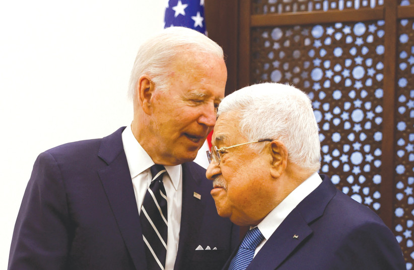US PRESIDENT Joe Biden meets Palestinian Authority head Mahmoud Abbas in Bethlehem, earlier this month.  (photo credit: MOHAMAD TOROKMAN/REUTERS)