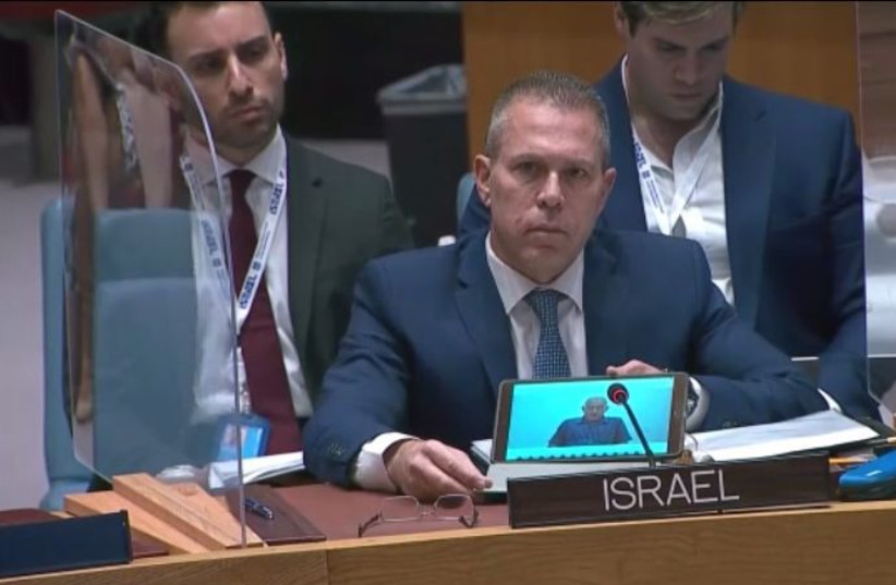  Israeli ambassador Gilad Erdan at the United Nations General Assembly. (credit: Israel's mission to the UN/Screenshot/UN Web TV)