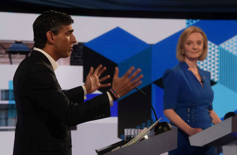  Candidates Rishi Sunak and Liz Truss take part in the BBC Conservative party leadership debate at Victoria Hall in Hanley, Stoke-on-Trent, Britain July 25, 2022. (credit: JEFF OVERS/BBC/HANDOUT VIA REUTERS)