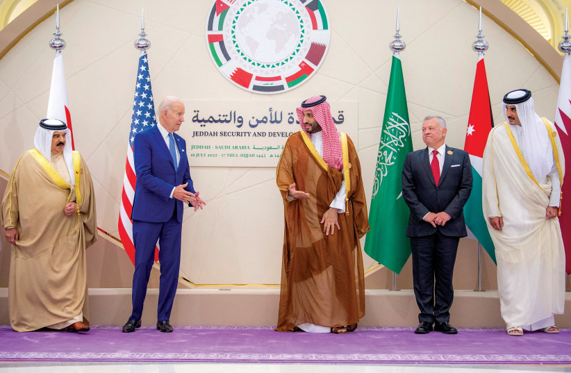  Saudi Crown Prince Mohammed bin Salman and Biden pose for a group photo ahead of the Jeddah Security and Development Summit in Saudi Arabia on July 16.  (credit: BANDAR ALGALOUD/SAUDI ROYAL COURT)