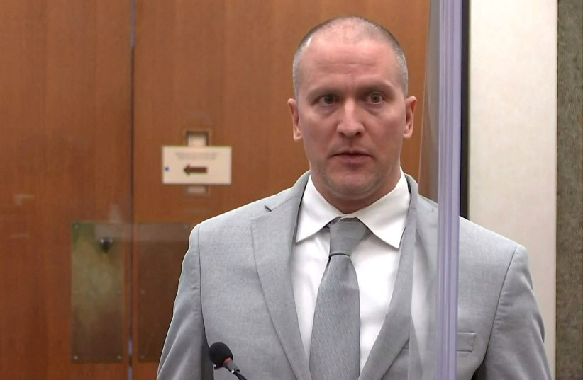  Former Minneapolis police officer Derek Chauvin addresses his sentencing hearing and the judge as he awaits his sentence after being convicted of murder in the death of George Floyd in Minneapolis, Minnesota, US June 25, 2021. (photo credit: Pool via REUTERS/File Photo)