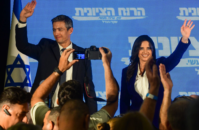  Interior Minister Ayelet Shaked holds a press conference with Communications Minister Yoaz Hendel at Hamacabia Village in Ramat Gan, on July 27, 2022 (photo credit: AVSHALOM SASSONI/FLASH90)