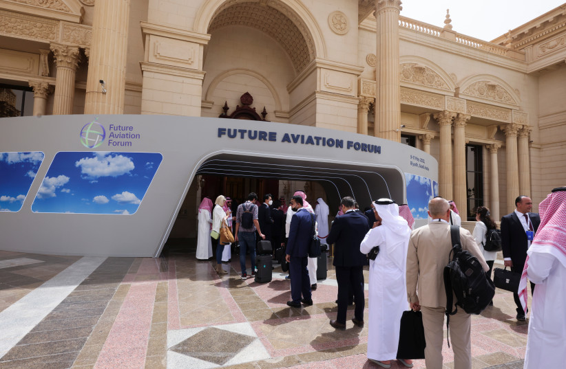  Visitors line up at the security check point as they arrive to attend the Future Aviation Forum in Riyadh, Saudi Arabia, May 9, 2022.  (credit: REUTERS/AHMED YOSRI)