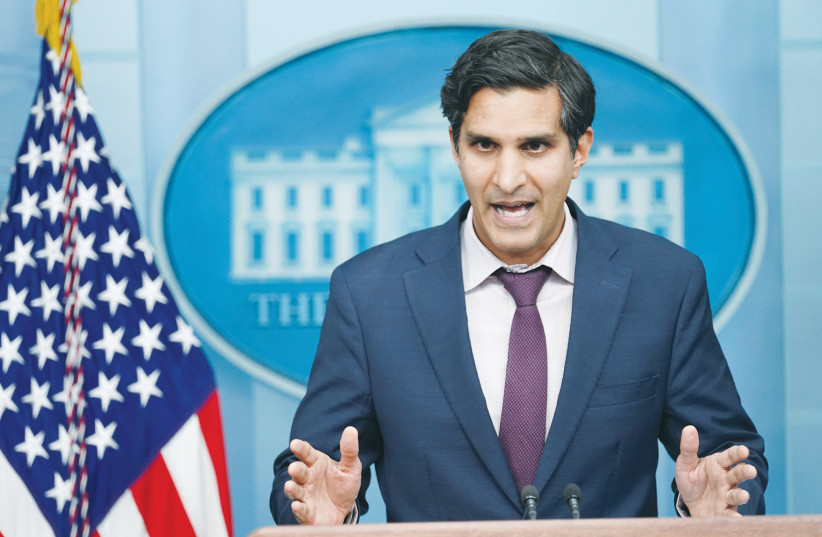  DALEEP SINGH, then serving as US deputy national security adviser for international economics, speaks about sanctions against Russia, at a press briefing at the White House, earlier this year. (photo credit: KEVIN LAMARQUE/REUTERS)