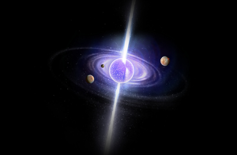  An example of a pulsar, a neutron star emitting beams of electromagnetic radiation (Illustrative). (photo credit: Wikimedia Commons)