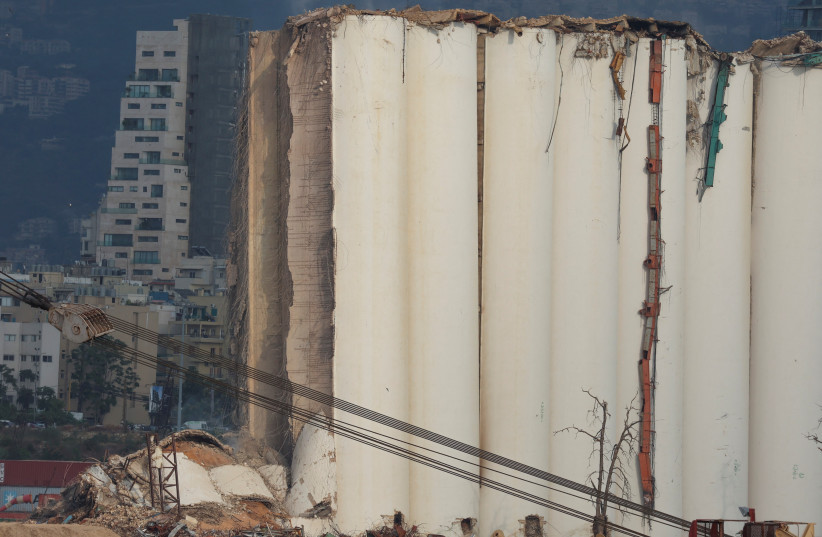  A view shows the partially-collapsed Beirut grain silos, damaged in the August 2020 port blast, in Beirut Lebanon July 31, 2022 (photo credit: REUTERS/MOHAMED AZAKIR)