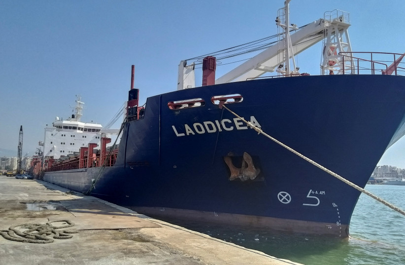 A view shows the ship "Laodicea" docked at port of Tripoli in northern Lebanon, July 29, 2022. (photo credit: REUTERS/Walid Saleh)