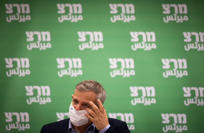 Outgoing Meretz head and Health Minister Nitzan Horowitz leads a faction meeting at the Knesset in Jerusalem on February 28, 2022 (photo credit: YONATAN SINDEL/FLASH90)