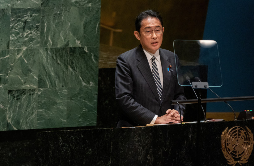 Prime Minister of Japan Fumio Kishida addresses the United Nations General Assembly during the Nuclear Non-Proliferation Treaty review conference in New York City, New York, US, August 1, 2022. (credit: REUTERS/DAVID 'DEE' DELGADO)