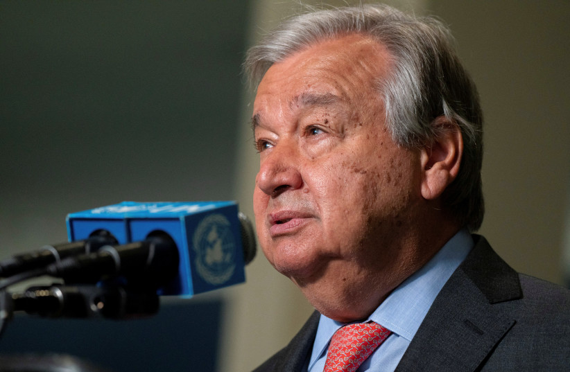 United Nations Secretary-General Antonio Guterres addresses the media prior to the Nuclear Non-Proliferation Treaty review conference in New York City, New York, US, August 1, 2022.  (photo credit: REUTERS/DAVID 'DEE' DELGADO)