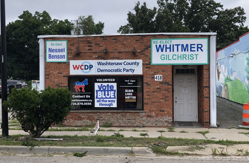  A Washtenaw County Democratic Party office in Ypsilanti, Michigan, Aug. 1, 2022.  (photo credit: ANDREW LAPIN/JTA)