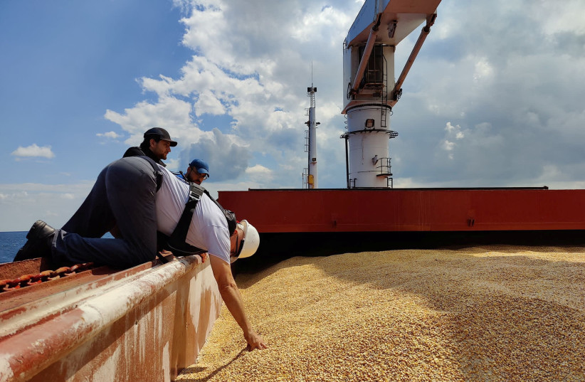 The Joint Coordination Centre officials are seen onboard Sierra Leone-flagged cargo ship Razoni, carrying Ukrainian grain, during an inspection in the Black Sea off Kilyos, near Istanbul, Turkey August 3, 2022. (credit: TURKISH DEFENCE MINISTRY/HANDOUT VIA REUTERS)