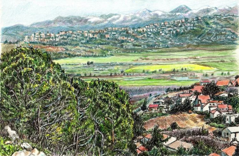  METULLA WITH Lebanon in background, colored pencils with ink. (credit: Helen Bar-Lev)