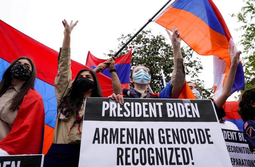  ARMENIAN DIASPORA members rally in front of the Turkish Embassy in Washington, after US President Joe Biden last year recognized the 1915 massacres of Armenians by the Ottoman Empire constituted genocide. (photo credit: JOSHUA ROBERTS/REUTERS)