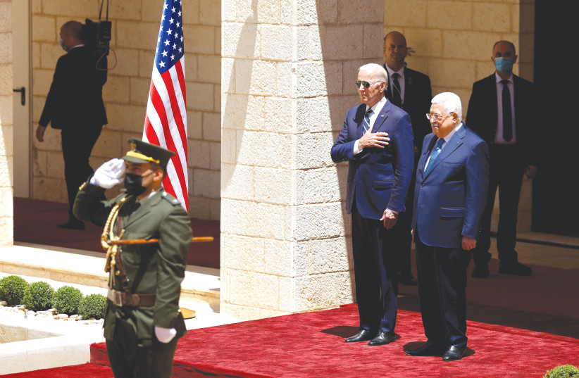  PALESTINIAN AUTHORITY head Mahmoud Abbas welcomes US President Joe Biden in Bethlehem, last month. Biden’s short visit is seen by most in the PA as an insult at best, says the writer. (photo credit: MOHAMAD TOROKMAN/REUTERS)