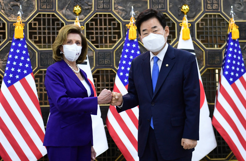  US House of Representatives Speaker Nancy Pelosi meets with South Korea's National Assembly Speaker Kim Jin-pyo in Seoul, South Korea August 4, 2022. (credit: Kim Min-Hee/Pool via REUTERS)