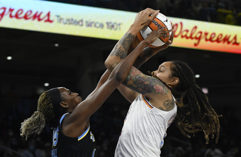 Chicago Sky center/forward Astou Ndour-Fall (45) blocks a shot by Phoenix Mercury center Brittney Griner (42) during the first half of game three of the 2021 WNBA Finals at Wintrust Arena. (credit: Matt Marton-USA TODAY Sports)