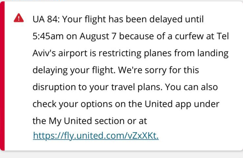  United Airlines informing passengers on flight 84 to Tel Aviv that their flight was delayed due to a Tel Aviv curfew, which doesn't exist. (credit: Courtesy Shirlee Klein)