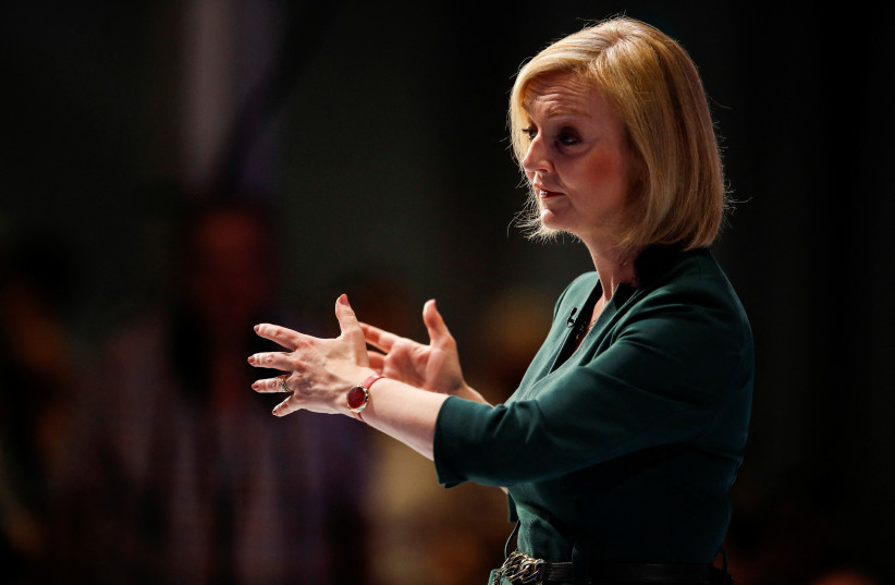  Conservative leadership candidate Liz Truss speaks at a hustings event, part of the Conservative party leadership campaign, in Eastbourne, Britain, August 5, 2022. (photo credit: REUTERS/PETER NICHOLLS)