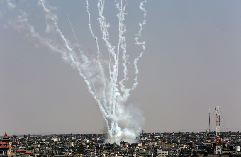  Rockets are fired toward Israel from Rafah, in the Gaza Strip, on August 7, 2022. (credit: ABED RAHIM KHATIB/FLASH90)