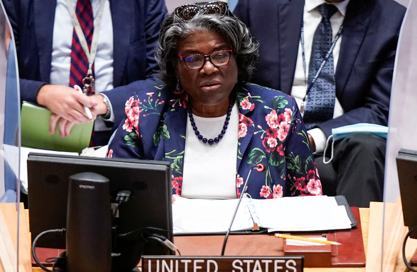  United States Ambassador to the United Nations, Linda Thomas-Greenfield speaks during the security council meeting due to the situation in Middle East and Palestine, at the United Nations headquarters in New York, US, August 8, 2022 (credit: REUTERS/EDUARDO MUNOZ)