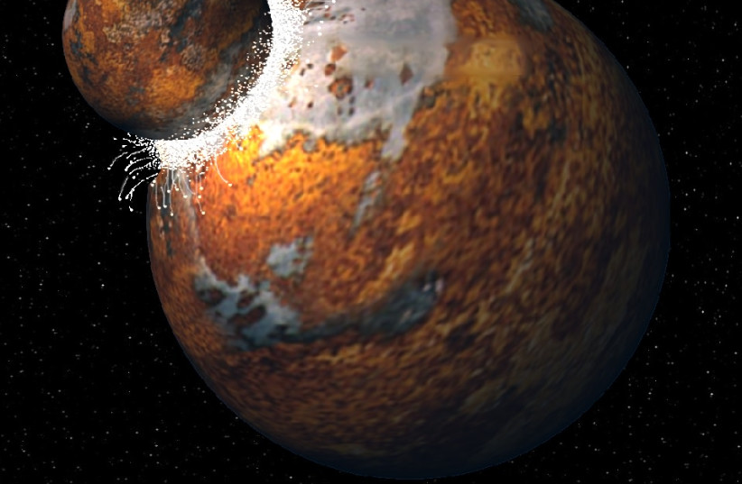  Did the Moon form when a Mars-sized planet called Theia crashed into Earth? That's what the Giant Impact theory suggests (Illustrative). (credit: Wikimedia Commons)