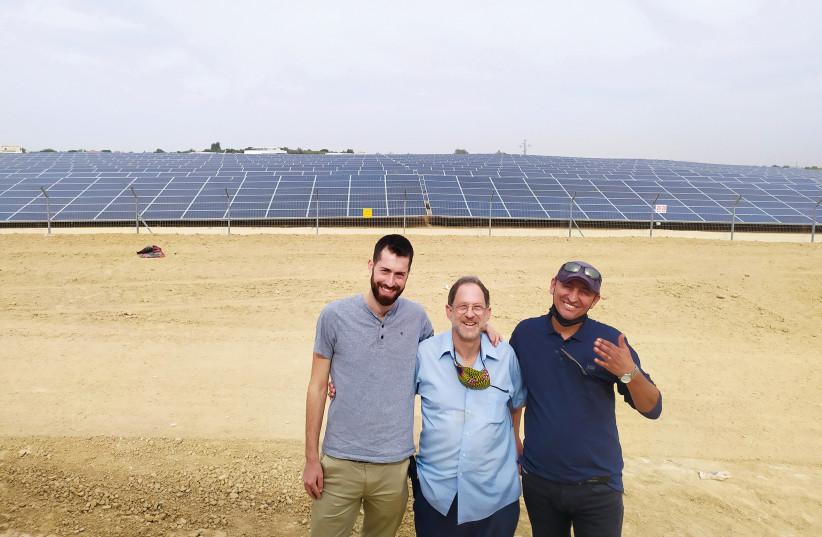 Israel’s first Bedouin solar field at Tarabin: the author with Raed al-Kinnan and Micha Price, co-director of the Said al-Harumi Initiative. (credit: MICHA PRICE)