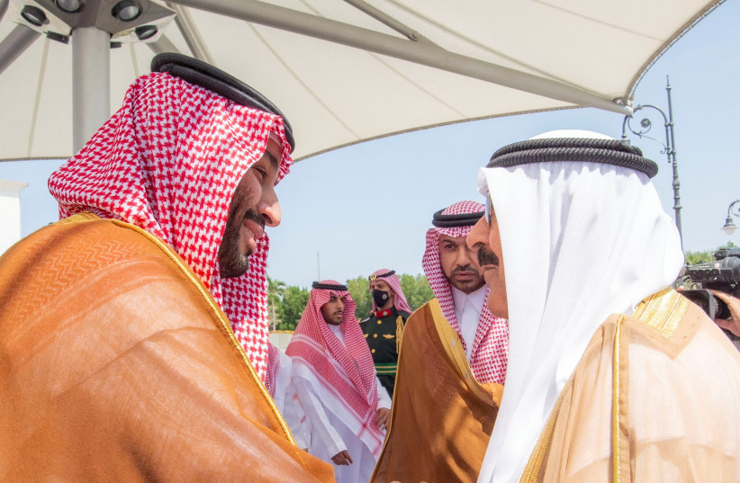  Saudi Crown Prince Mohammed bin Salman greets Kuwait's Crown Prince Sheikh Meshal al-Ahmad al-Sabah, in Jeddah, Saudi Arabia, July 16, 2022.  (credit: REUTERS)