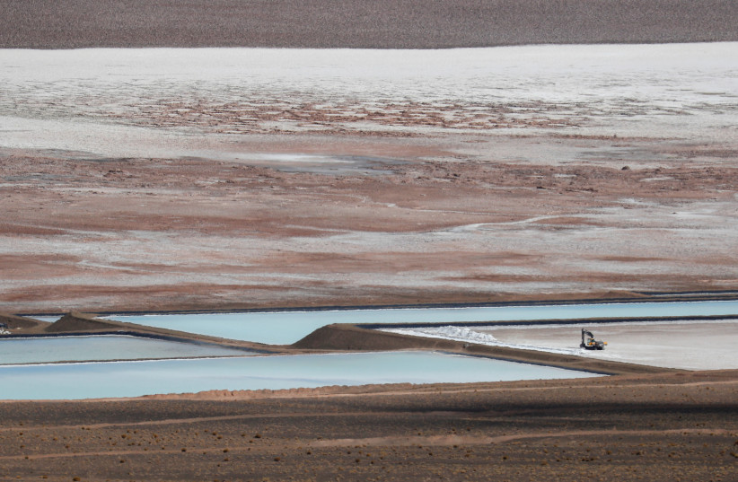  Brine pools used to extract lithium are seen at the Salar del Rincon salt flat, in Salta, Argentina August 12, 2021. Picture taken August 12, 2021 (photo credit: REUTERS/AGUSTIN MARCARIAN)