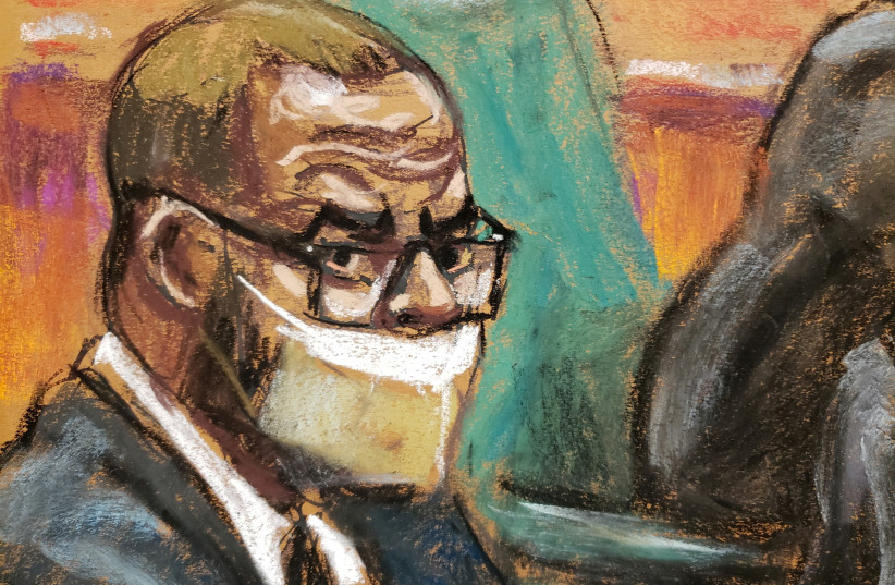  R. Kelly sits with his lawyers during Kelly's sex abuse trial at Brooklyn's Federal District Court in a courtroom sketch in New York, US, September 17, 2021. (credit: REUTERS/JANE ROSENBERG)